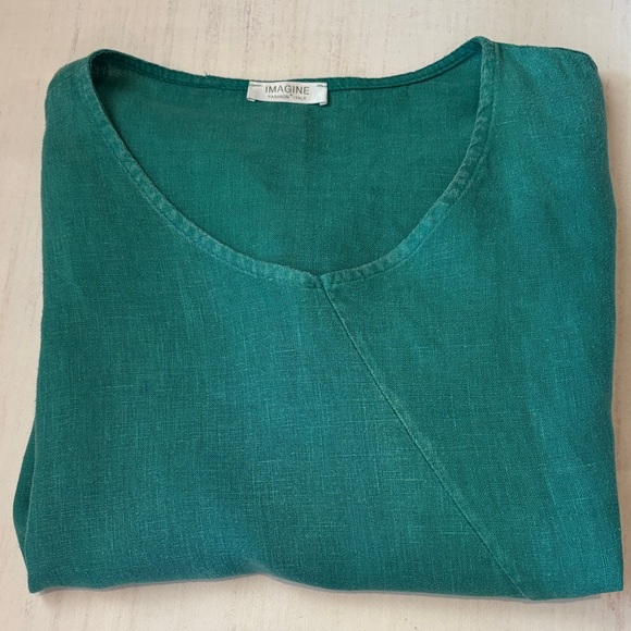 Italian Teal Green Linen-Blend Short Sleeve Top with Side Ring Tie - Picture 9 of 9